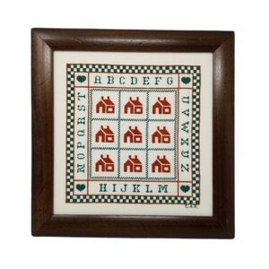 Framed Handmade Cross Stitch Wall Hanging Houses Alphabet Signed Checks Complete